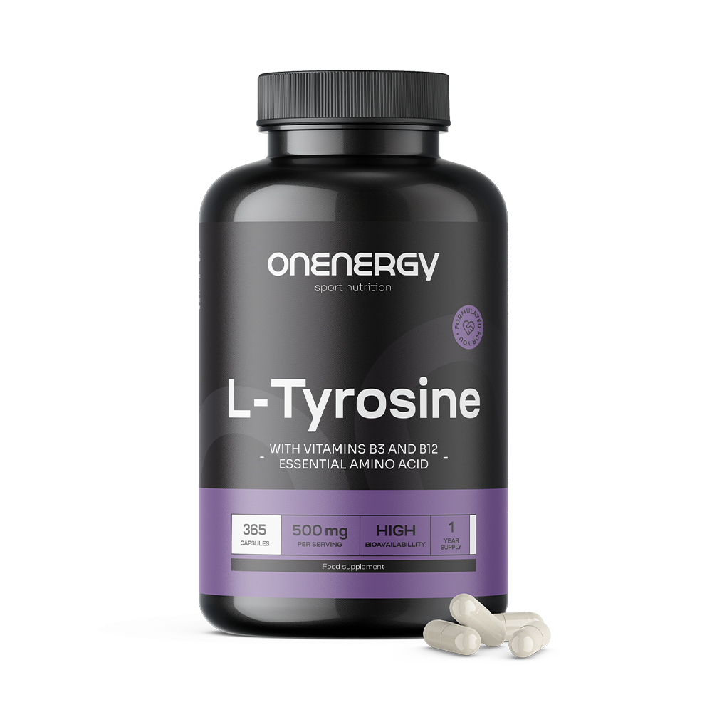 L-Tyrosine 500 mg with vitamins B3 and B12.